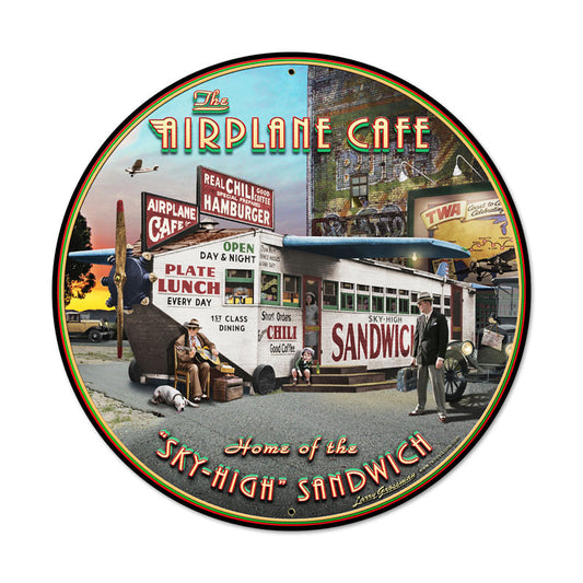 Airplane Cafe, Aviation, Round Metal Sign, 28 X 28 Inches