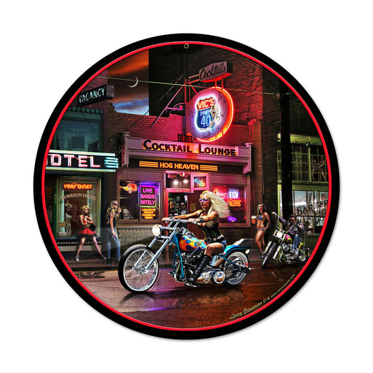 Biker Bar, Motorcycle, Round Metal Sign, 14 X 14 Inches