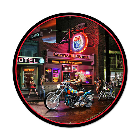 Biker Bar, Motorcycle, Round Metal Sign, 28 X 28 Inches