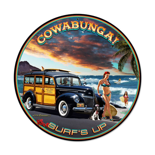 Cowabunga, Automotive, Round Metal Sign, 14 X 14 Inches