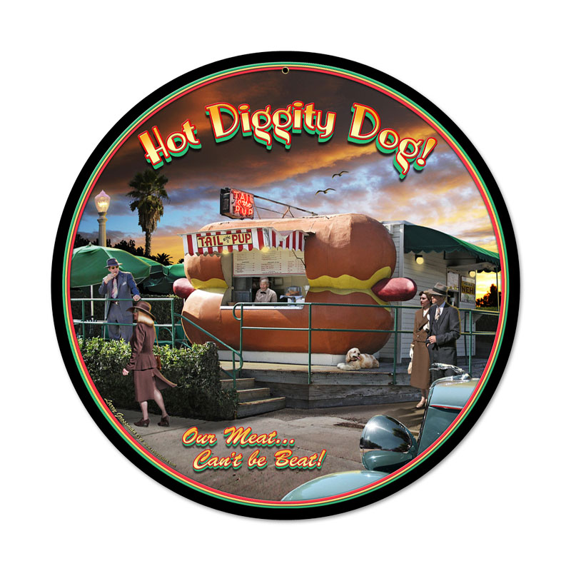 Hot Diggity Dog, Food and Drink, Round Metal Sign, 14 X 14 Inches