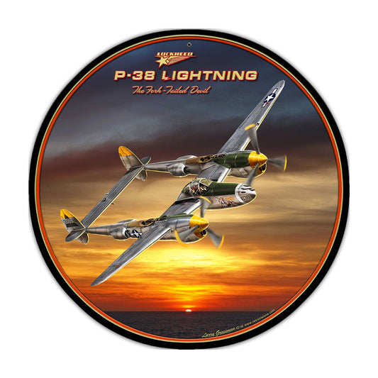 P38, Aviation, Round Metal Sign, 28 X 28 Inches
