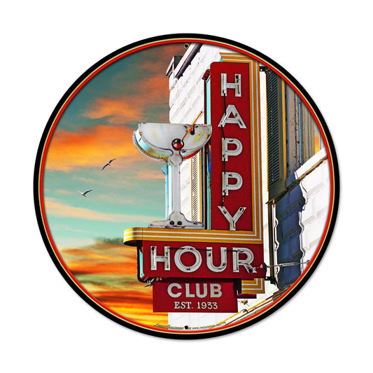 Happy Hour, Bar and Alcohol, Round Metal Sign, 28 X 28 Inches
