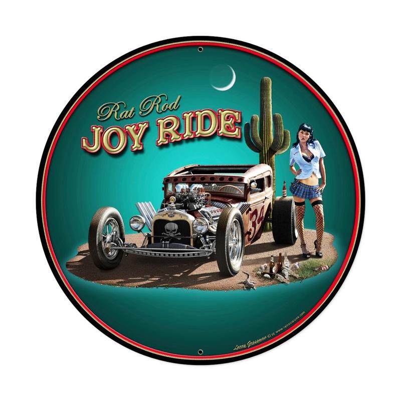 Rat Rod Joy Ride, Pinup Girls, Round Metal Sign, 28 X 28 Inches