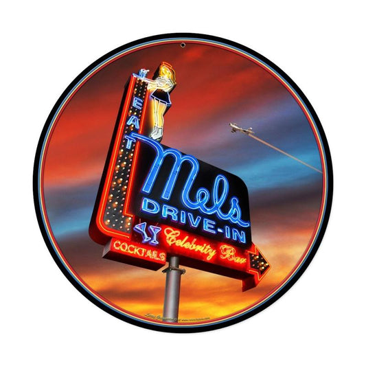 Mels Sunset, Bar and Alcohol, Round Metal Sign, 14 X 14 Inches