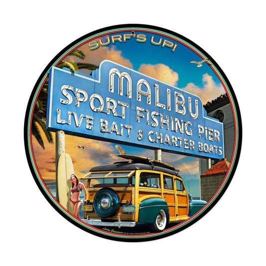 Malibu Pier, Automotive, Round Metal Sign, 14 X 14 Inches