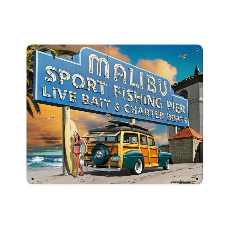 Malibu Pier, Automotive, Vintage Metal Sign, 15 X 12 Inches