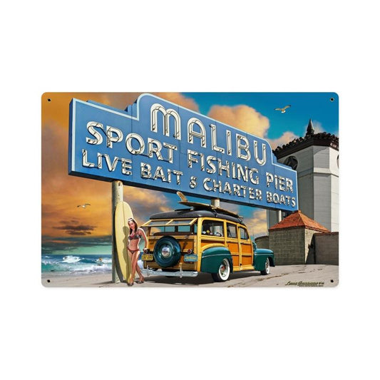 Malibu Pier, Automotive, Vintage Metal Sign, 18 X 12 Inches