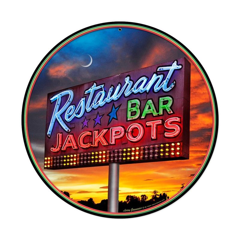 Jackpots, Travel, Round Metal Sign, 14 X 14 Inches