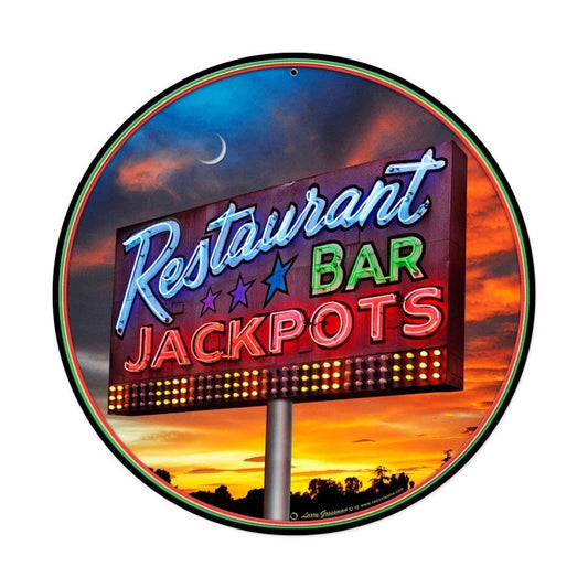 Jackpots, Travel, Round Metal Sign, 28 X 28 Inches