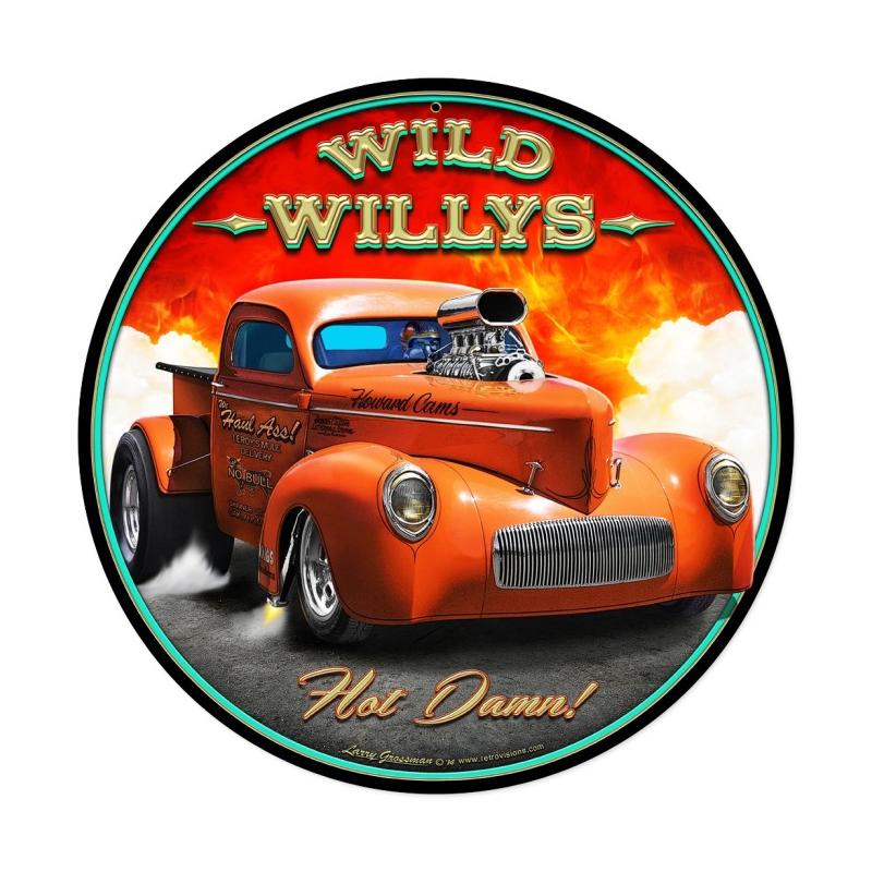 Wild Willys Hot Damn Hot Rod Metal Sign, Automotive, Round Metal Sign, 14 X 14 Inches