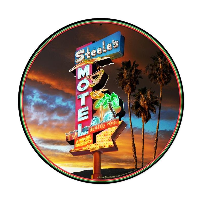 Steel's Motel Sign, Travel, Round Metal Sign, 14 X 14 Inches