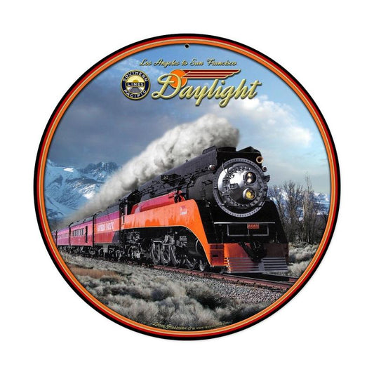 Daylight Winter Train Sign, Train and Rail, Round Metal Sign, 14 X 14 Inches
