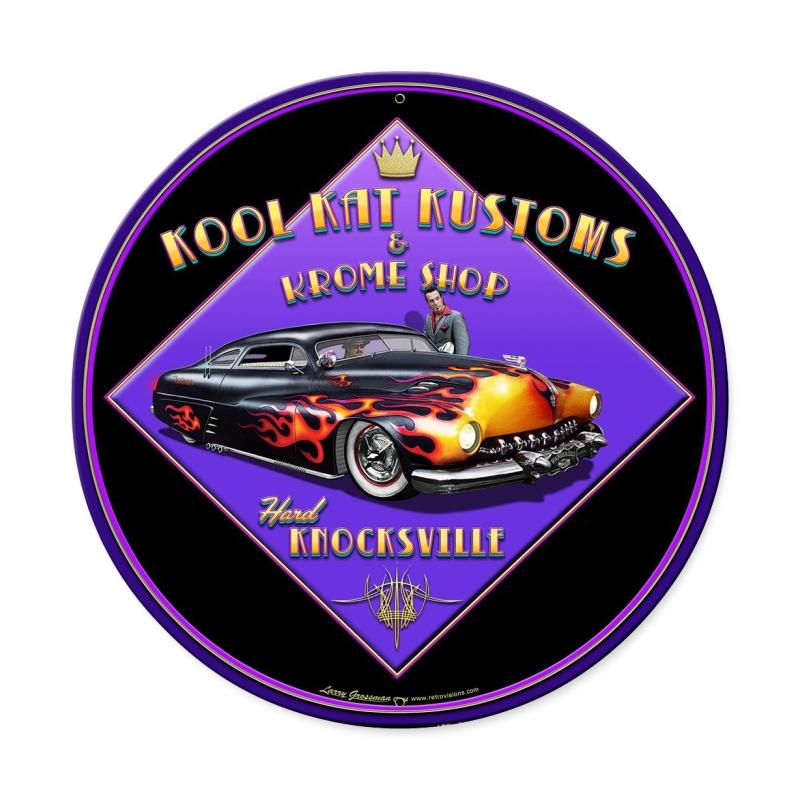 Kool Kat Kustoms, Automotive, Round Metal Sign, 28 X 28 Inches