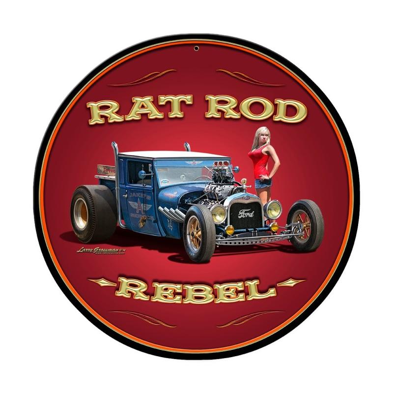 Rat Rod Rebel, Automotive, Round Metal Sign, 14 X 14 Inches