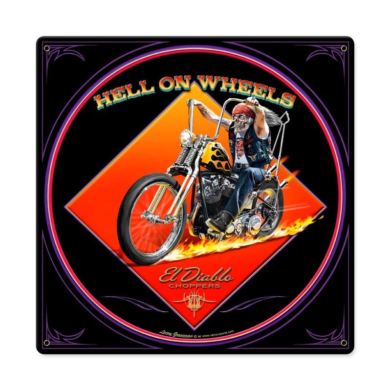 Hell On Wheels, Motorcycle, Metal Sign, 12 X 12 Inches