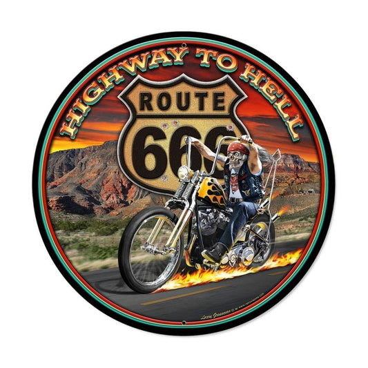 Highway to Hell, Motorcycle, Round Metal Sign, 28 X 28 Inches