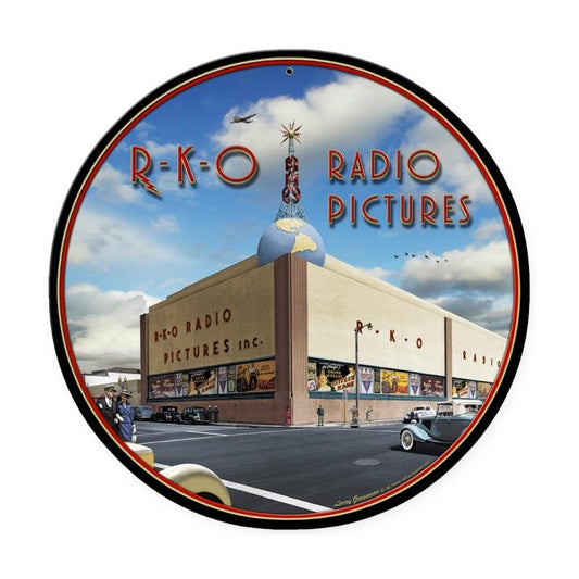 RKO Studios, Travel, Round Metal Sign, 14 X 14 Inches