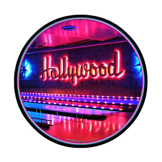 Hollywood, Travel, Round Metal Sign, 28 X 28 Inches