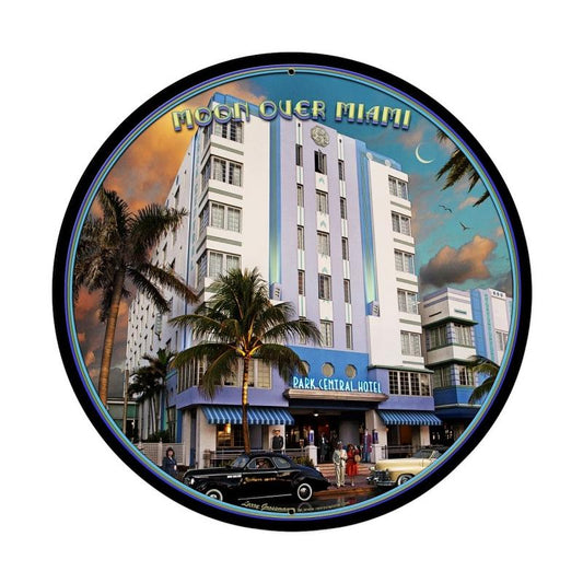 Moon Over Miami, Travel, Round Metal Sign, 28 X 28 Inches