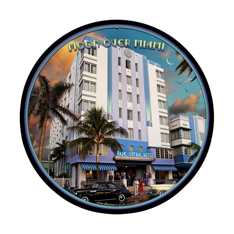 Moon Over Miami, Travel, Round Metal Sign, 14 X 14 Inches