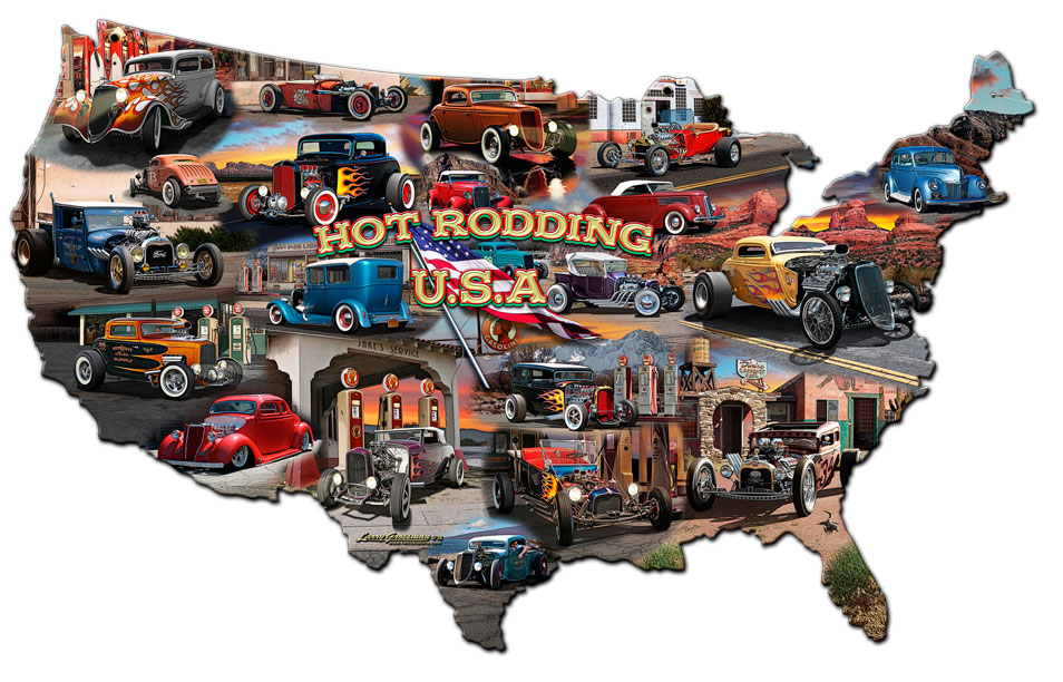 Hot Rod Usa Map, Automotive, PLASMA, 25 X 16 Inches