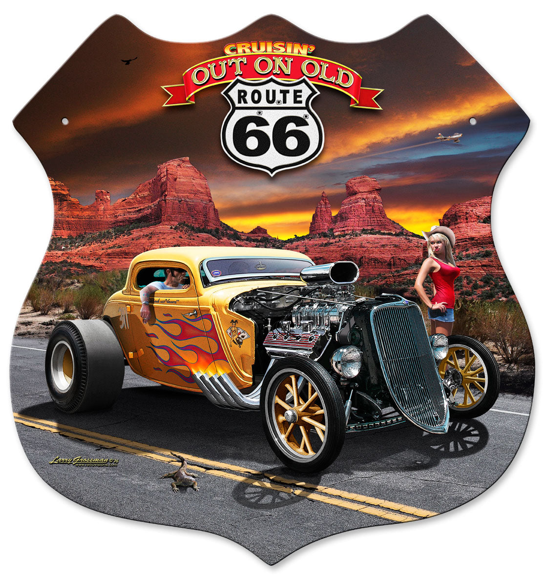 OUT ON ROUTE 66, Featured Artists/All American Art by Larry Grossman, Shield, 15 X 15 Inches