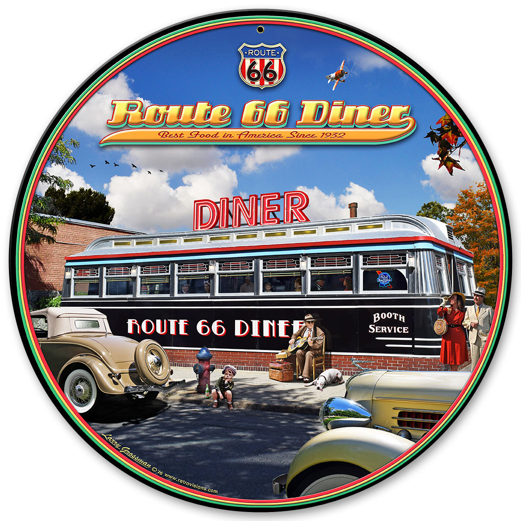 1936 ROUTE 66 DINER, Featured Artists/All American Art by Larry Grossman, Round, 14 X 14 Inches
