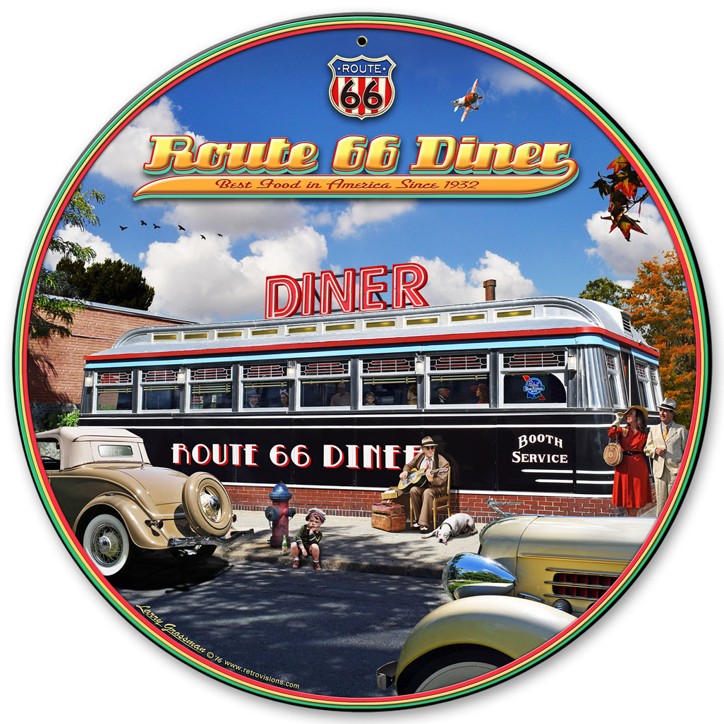 1936 ROUTE 66 DINER, Featured Artists/All American Art by Larry Grossman, Satin, 28 X 28 Inches