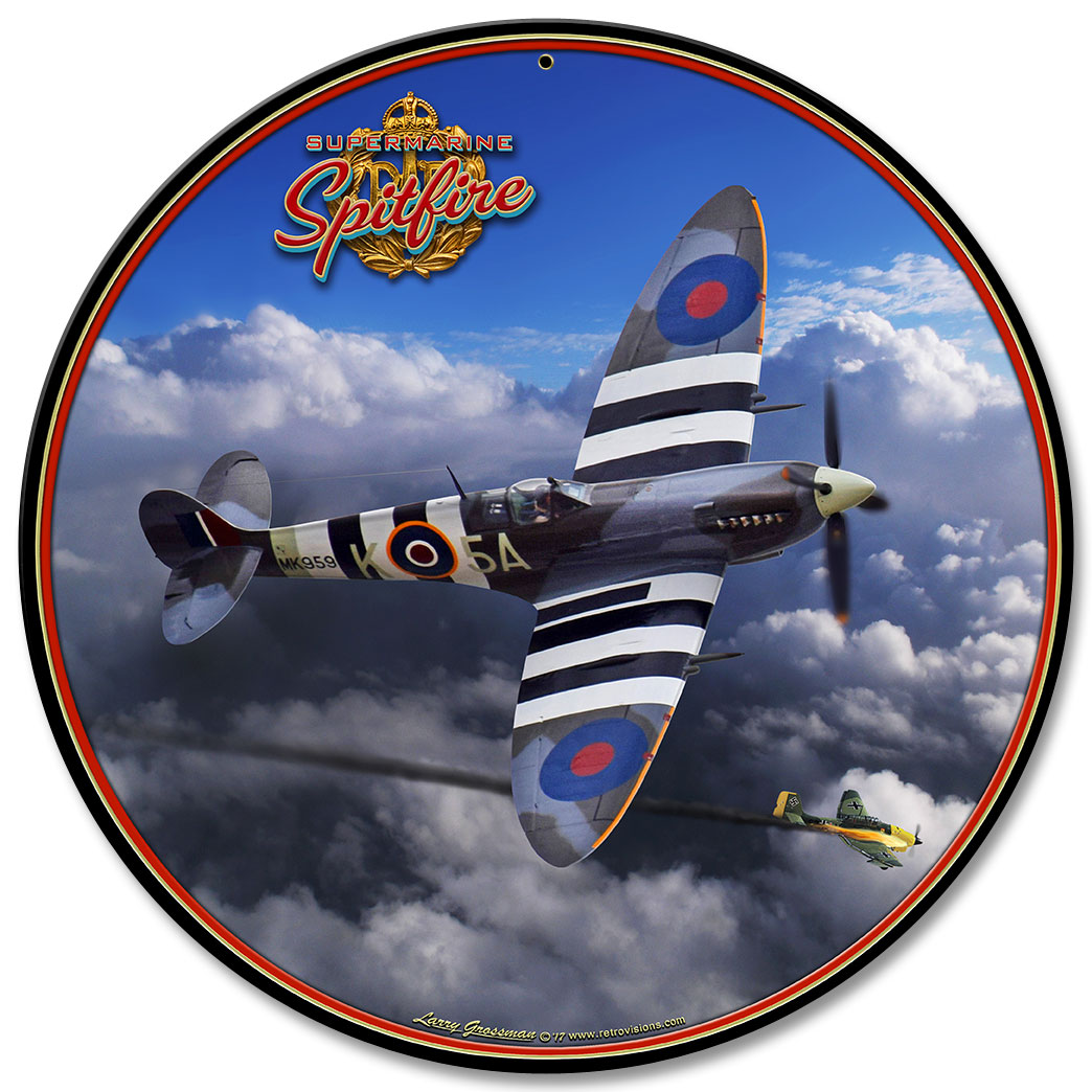 Spitfire, Featured Artists/All American Art by Larry Grossman, SATIN ROUND METAL SIGN , 28 X 28 Inches