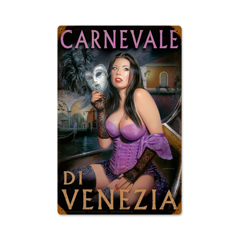 Carnivale di Venezia, Pinup Girls, Vintage Metal Sign, 12 X 18 Inches