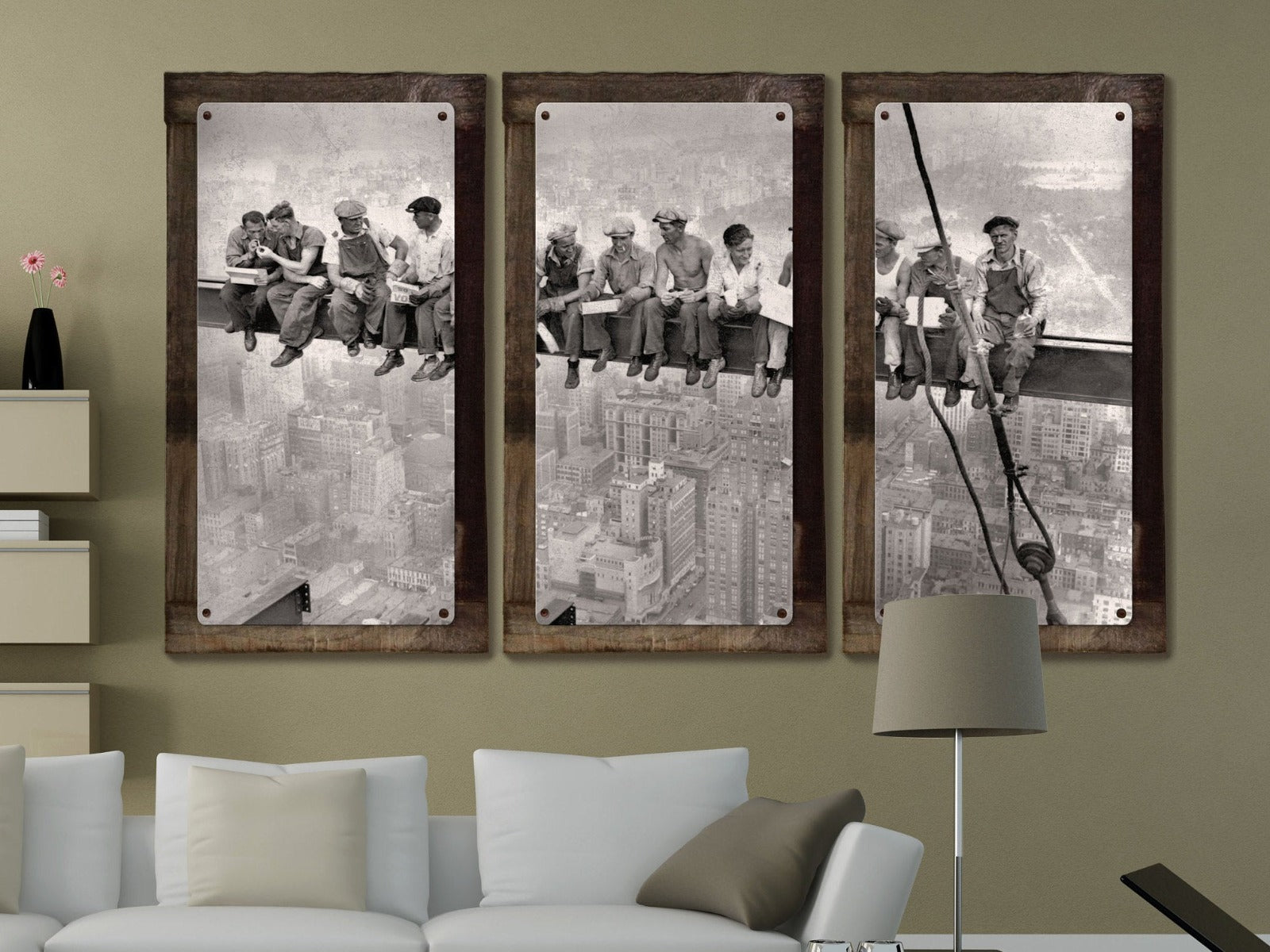 Lunch Atop A Skyscraper, METAL, Triptych, 3 Panel, On American Steel, Optional Barn Wood Frame, Wall Decor, Wall Art, 54"x36"