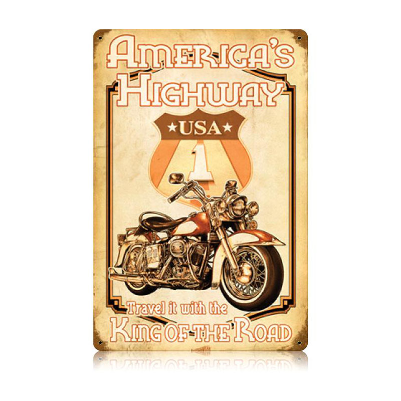 Americas Highway, Motorcycle, Vintage Metal Sign, 12 X 18 Inches