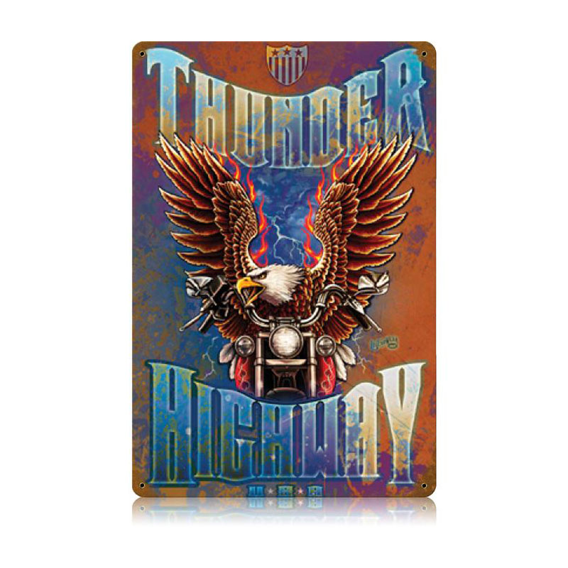 Thunder Highway Rustic, Motorcycle, Vintage Metal Sign, 12 X 18 Inches