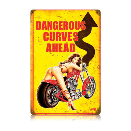 Dangerous Curves, Motorcycle, Vintage Metal Sign, 12 X 18 Inches