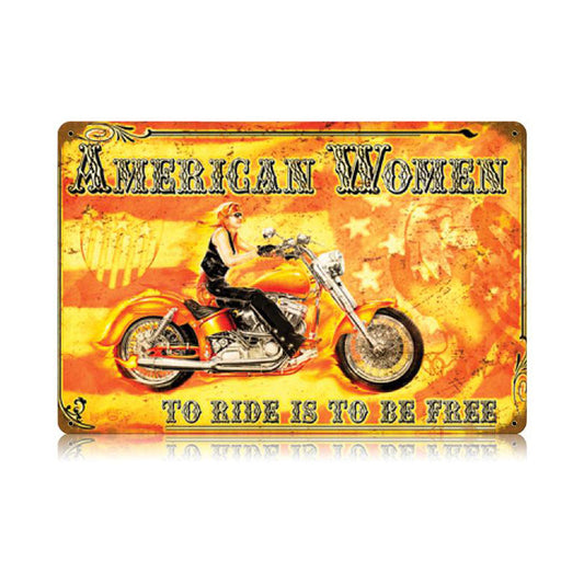 American Women, Motorcycle, Vintage Metal Sign, 18 X 12 Inches