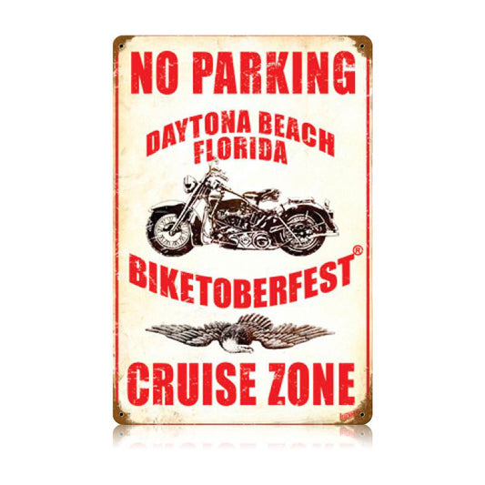 No Parking Cruise Zone, Motorcycle, Vintage Metal Sign, 12 X 18 Inches