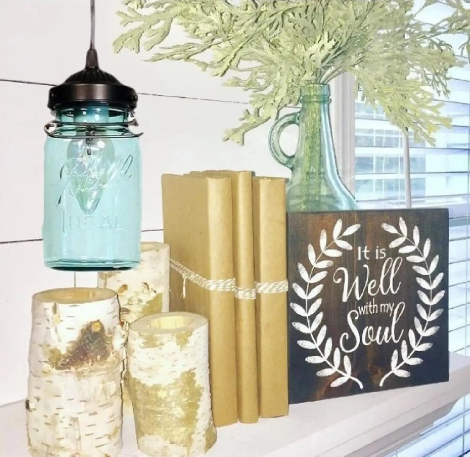 Vintage BLUE Mason Jar PENDANT Light