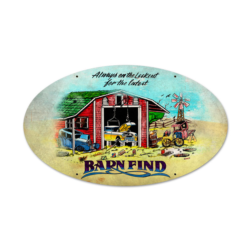 Barn Finds, Automotive, Oval Metal Sign, 24 X 14 Inches