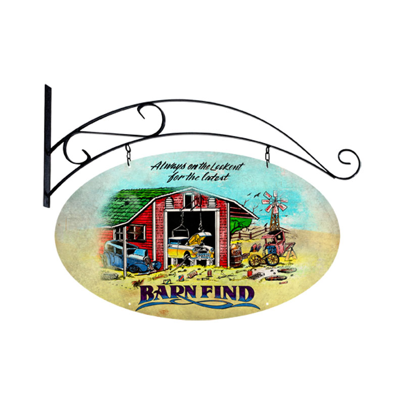 Barn Finds, Automotive, Double Sided Oval Metal Sign with Wall Mount, 27 X 14 Inches