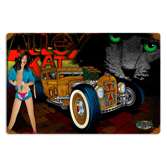 Rat Rod Alley Cat, Automotive, Vintage Metal Sign, 18 X 12 Inches
