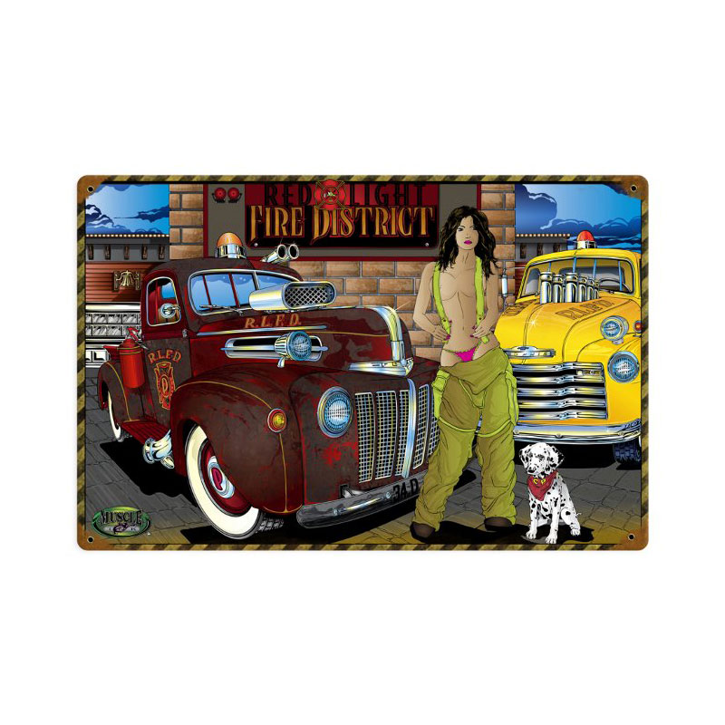 Red Light Fire District, Automotive, Vintage Metal Sign, 18 X 12 Inches