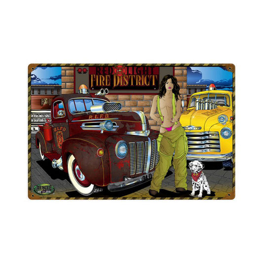 Red Light Fire District, Automotive, Vintage Metal Sign, 18 X 12 Inches