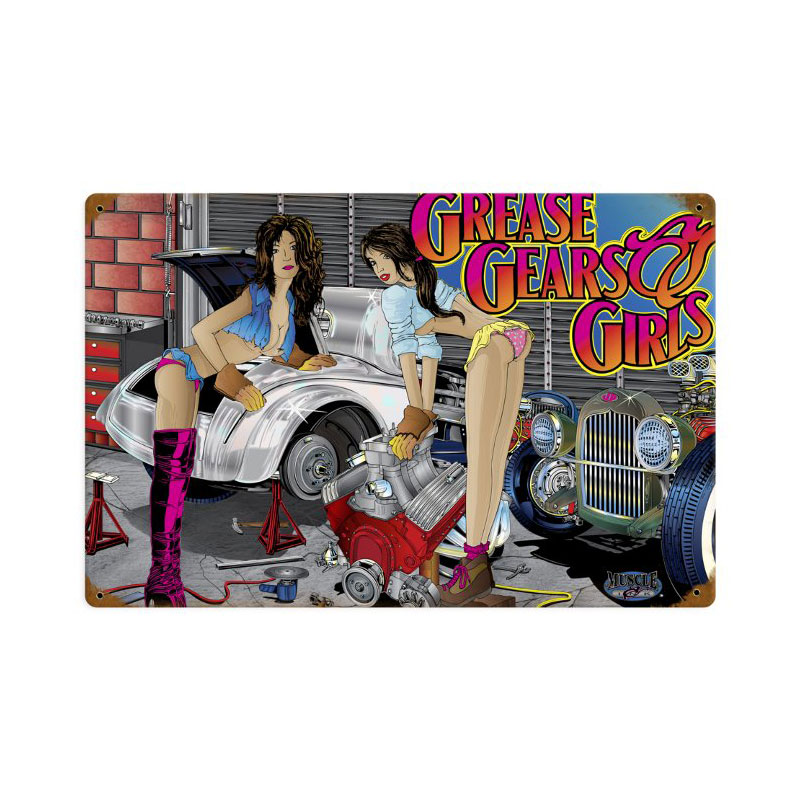 Girls, Gears, Grease, Automotive, Vintage Metal Sign, 18 X 12 Inches