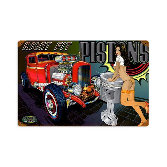 Right Fit Pistons, Automotive, Vintage Metal Sign, 18 X 12 Inches