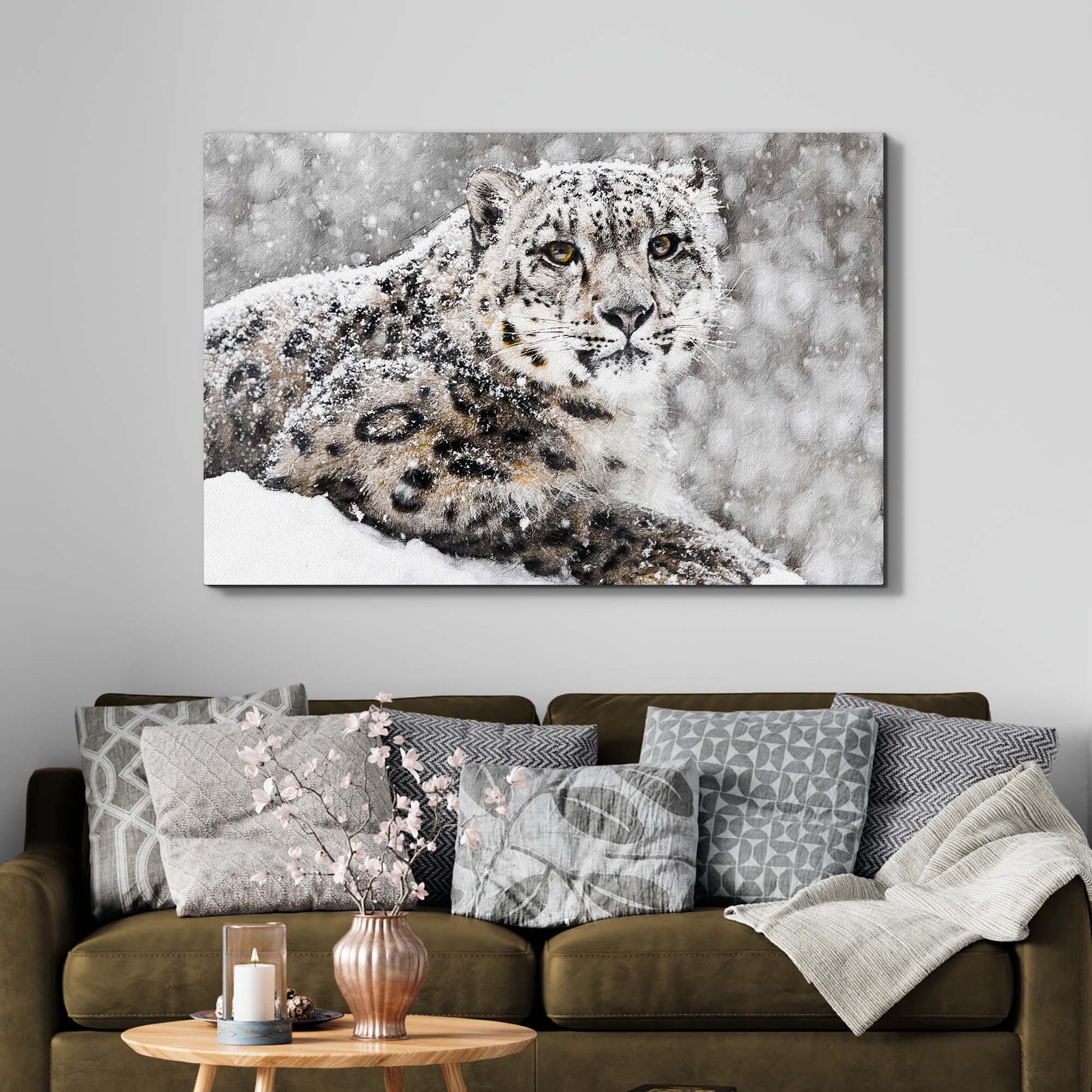 Snow Leopard In Blizzard Canvas Wall Art