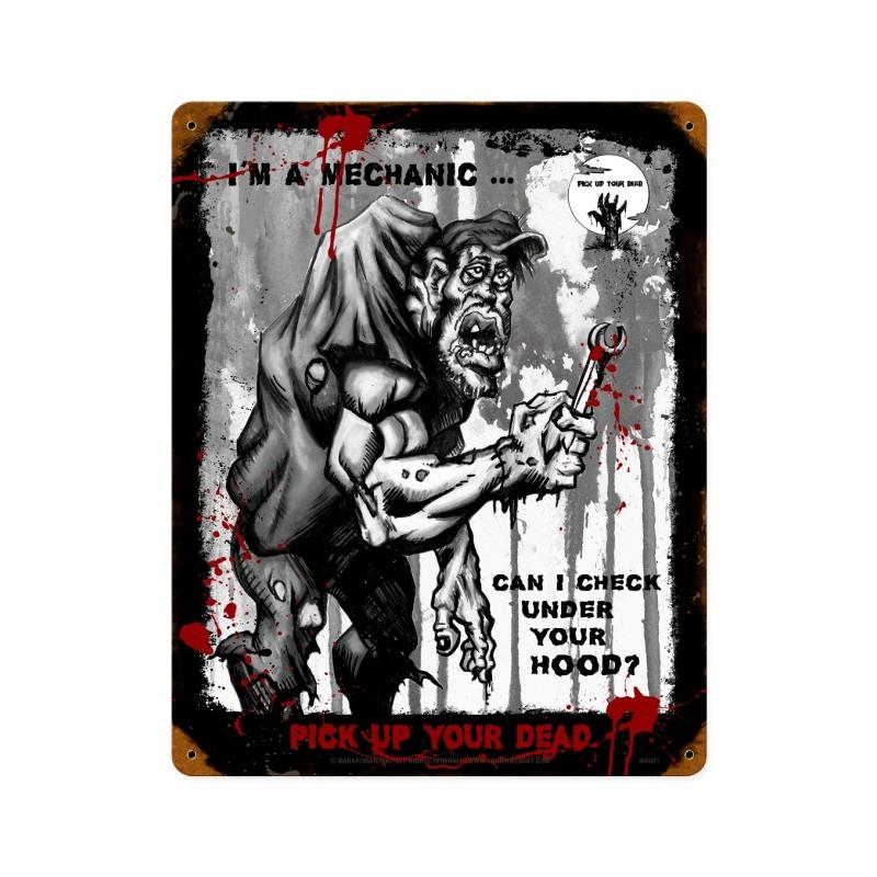 Zombie Mechanic Sign, Humor, Vintage Metal Sign, 12 X 15 Inches