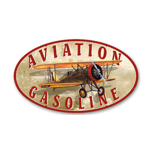 Aviation Gasoline, Aviation, Oval Metal Sign, 14 X 24 Inches