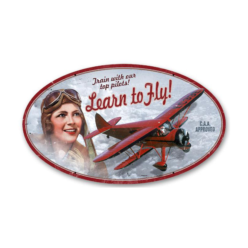 Learn to Fly, Aviation, Oval Metal Sign, 14 X 24 Inches