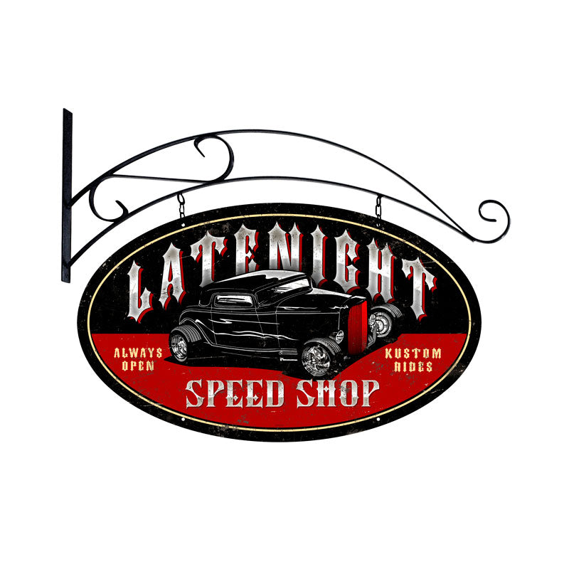 Latenight Speed Shop, Automotive, Double Sided Oval Metal Sign with Wall Mount, 24 X 24 Inches